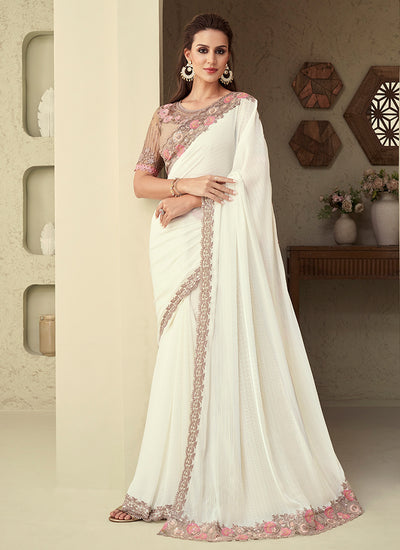 Off White Sequence Embroidery Designer Silk Saree