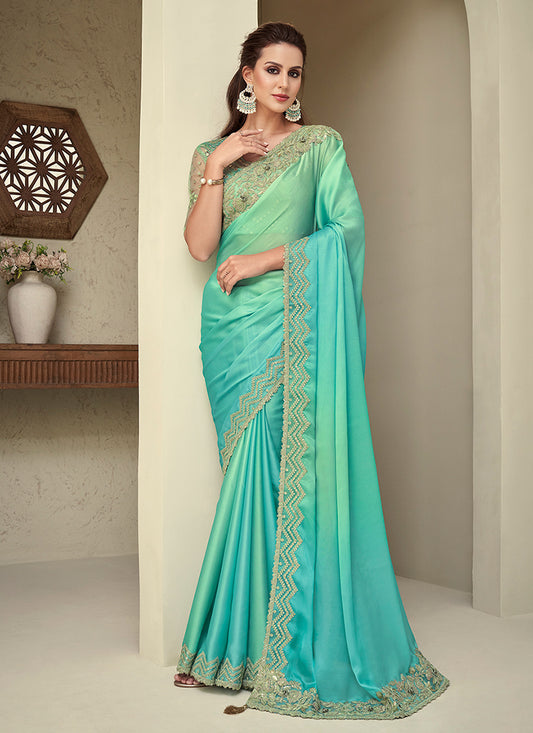 Turquoise Shaded Sequence Embroidery Designer Silk Saree