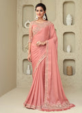 Peach Golden Sequence Embroidery Designer Silk Saree