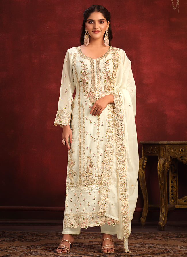 Off White Embroidery Designer Pant Style Suit