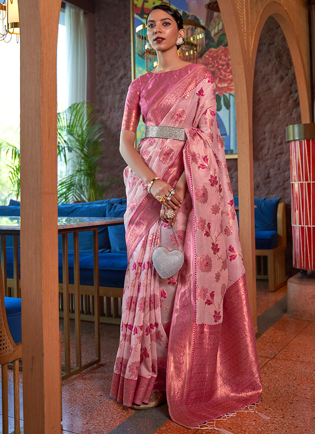 Pink Two Tone Zari Weaved Jacquard Silk Saree