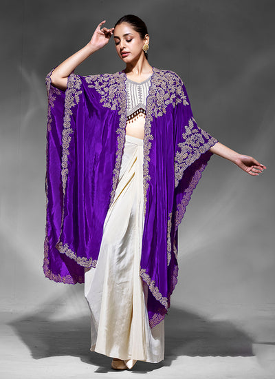 Purple and Cream Embroidery Draped Skirt Set