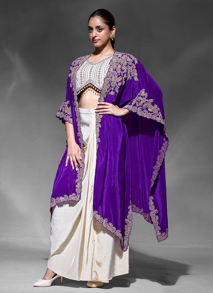Purple and Cream Embroidery Draped Skirt Set