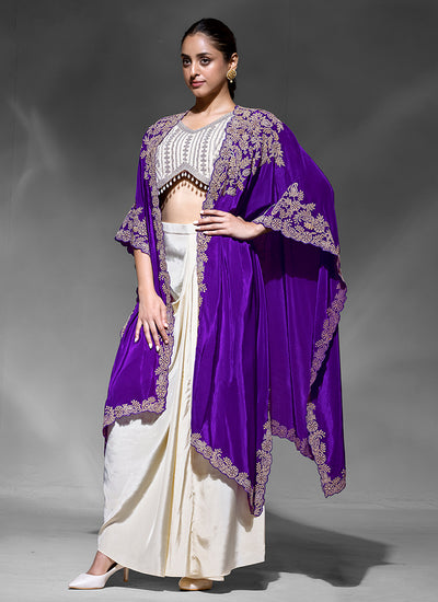 Purple and Cream Embroidery Draped Skirt Set