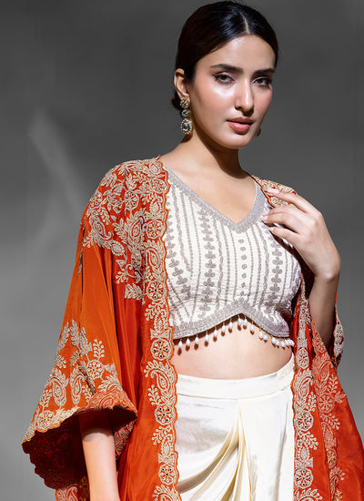 Orange and Cream Embroidery Draped Skirt Set