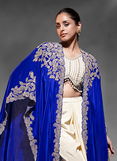 Royal Blue and Cream Embroidery Draped Skirt Set