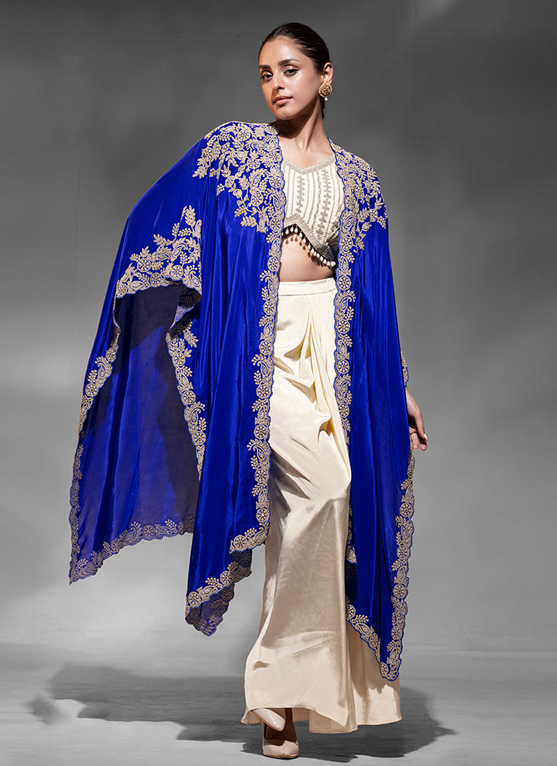 Royal Blue and Cream Embroidery Draped Skirt Set