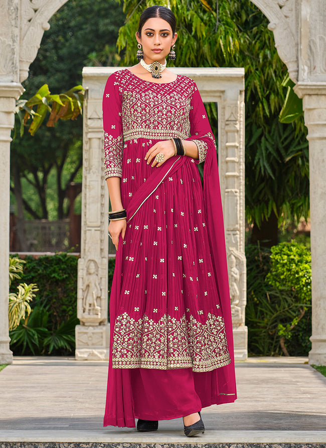 Pink Sequence Embroidery Georgette Anarkali Palazzo Suit