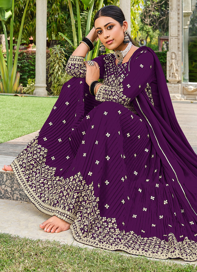 Purple Sequence Embroidery Georgette Anarkali Palazzo Suit