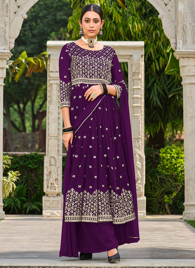 Purple Sequence Embroidery Georgette Anarkali Palazzo Suit