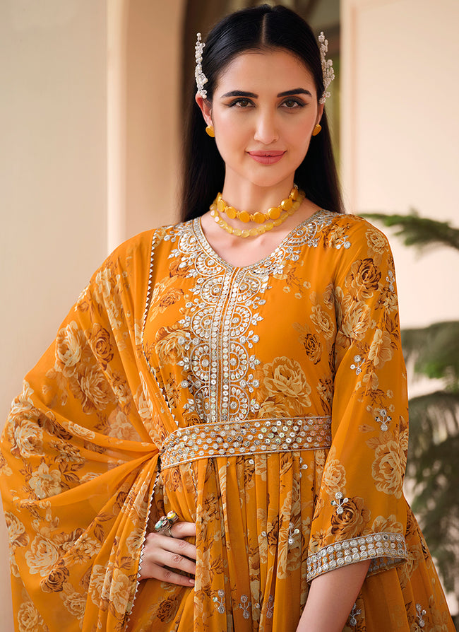 Yellow Sequence Embroidery Floral Anarkali Suit In USA 