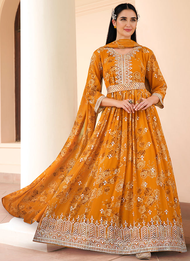 Yellow Sequence Embroidery Floral Anarkali Suit In USA UK