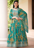 Turquoise Sequence Embroidery Floral Anarkali Suit