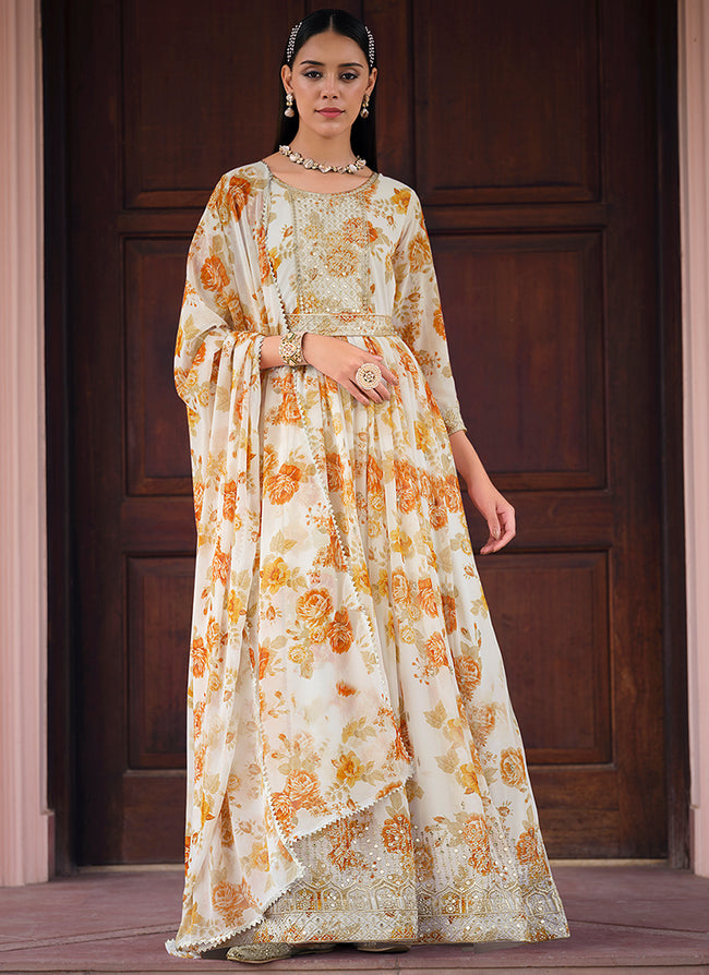 Off White Sequence Embroidery Floral Anarkali Suit