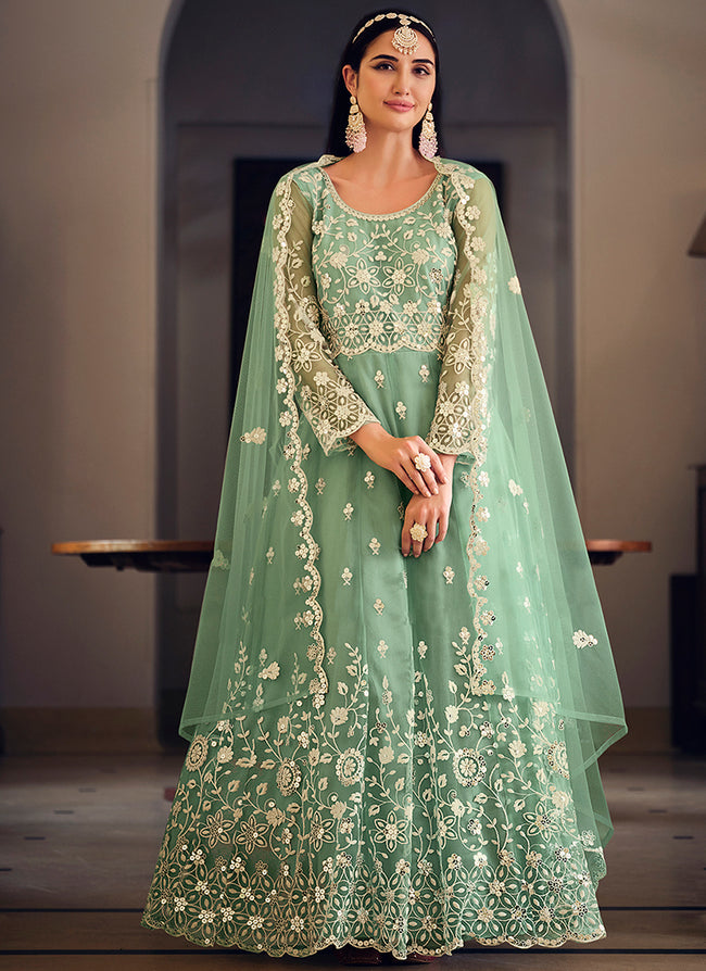 Green Sequence Embroidery Wedding Anarkali Suit