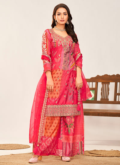 Crimson Multicoloured Embroidery Palazzo Style Suit