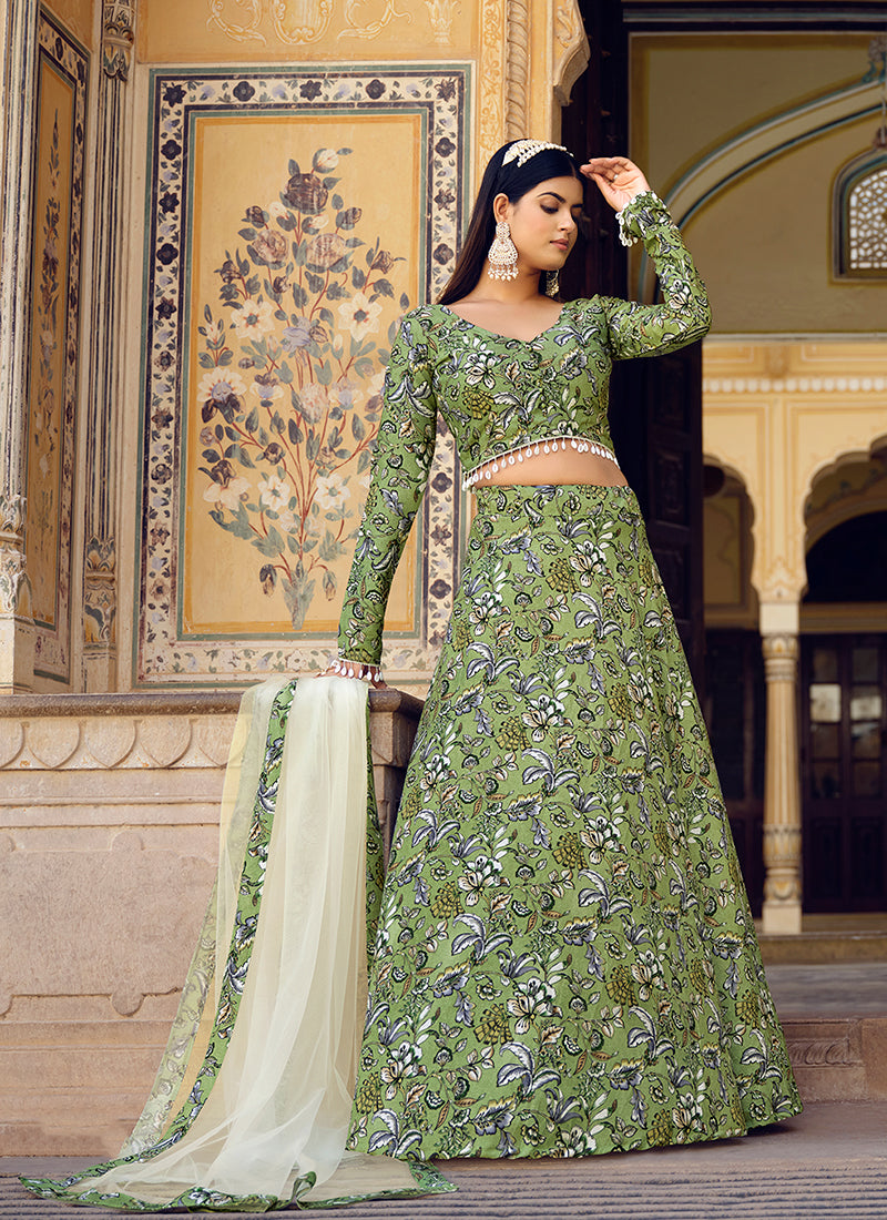 Green And Cream Printed Crinkle Lehenga Choli