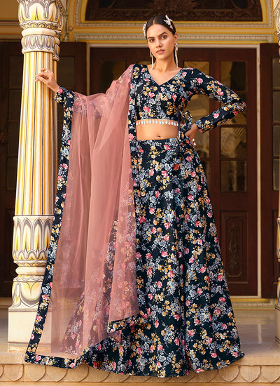 Navy Blue And Pink Floral Printed Silk Lehenga Choli