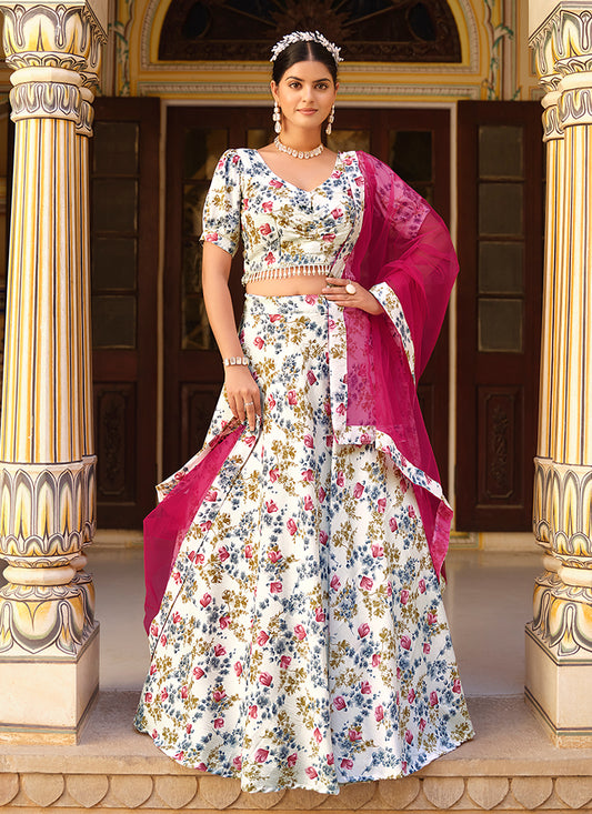 White And Rani Pink Floral Printed Silk Lehenga Choli