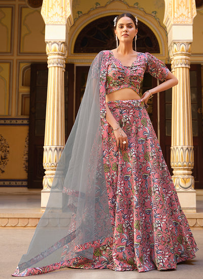 Pink And Grey Floral Printed Silk Lehenga Choli