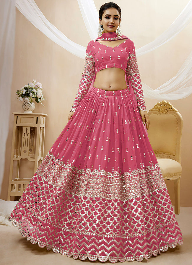 Pink Mirror Work Embroidery Wedding Lehenga Choli 