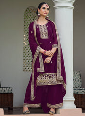 Deep Wine Embroidery Georgette Palazzo Suit