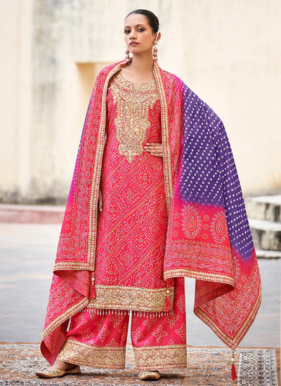 Pink And Purple Mirror Embroidery Bandhani Palazzo Suit