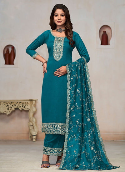 Turquoise Embroidery Pant Style Salwar Kameez Suit