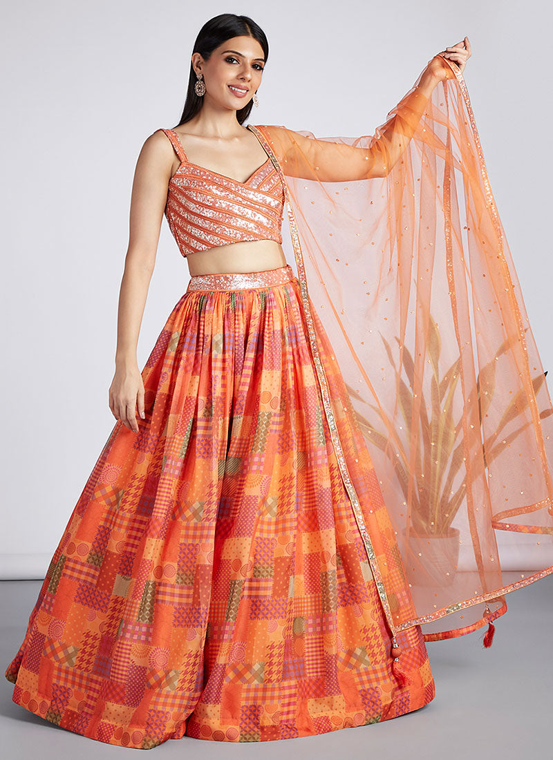 Orange Sequence Embroidery Printed Lehenga Choli And Dupatta