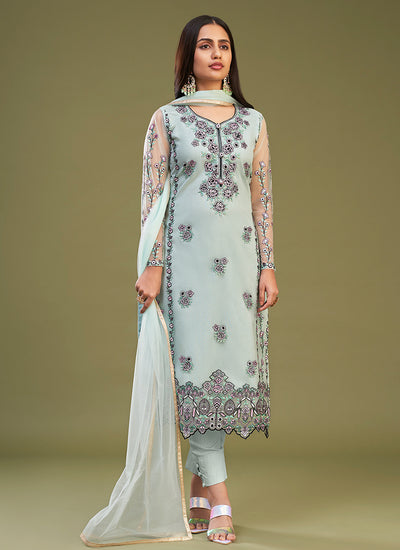 Light Blue Multi Embroidery Bridesmaid Pant Style Suit