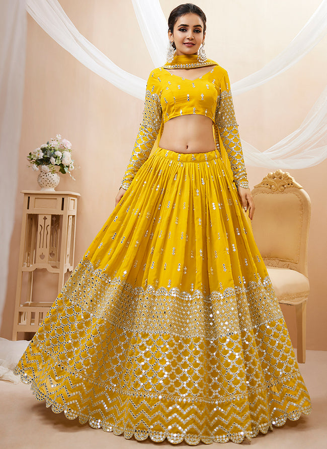 Yellow Mirror Work Embroidery Wedding Lehenga Choli