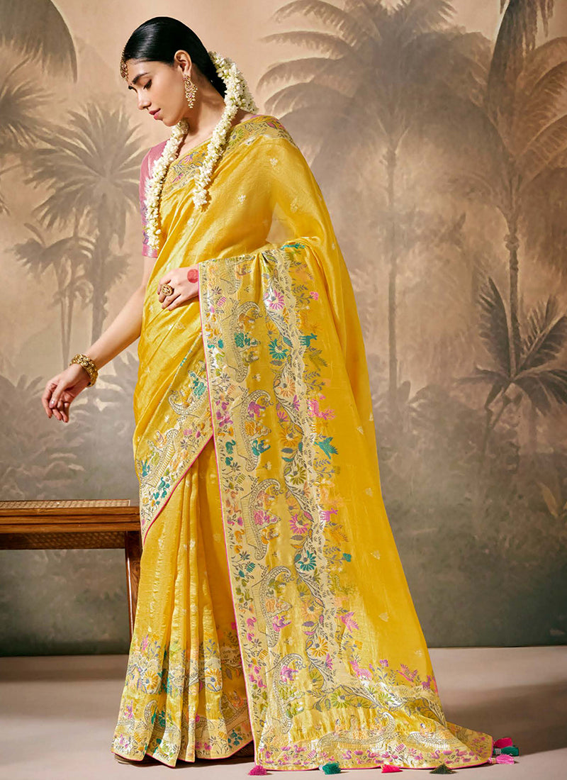 Pink And Yellow Floral Munga Silk Saree