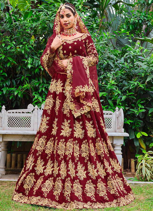Maroon Cording Zari Embroidery Wedding Lehenga Choli