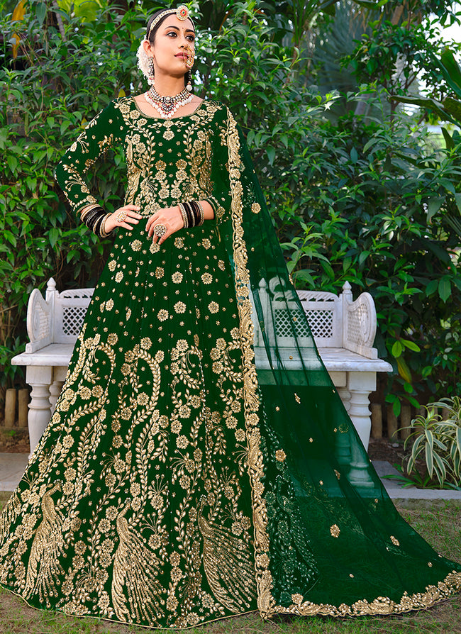 Dark Green Cording Zari Embroidery Wedding Lehenga Choli