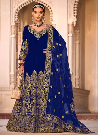 Royal Blue Traditional Velvet Anarkali Suit