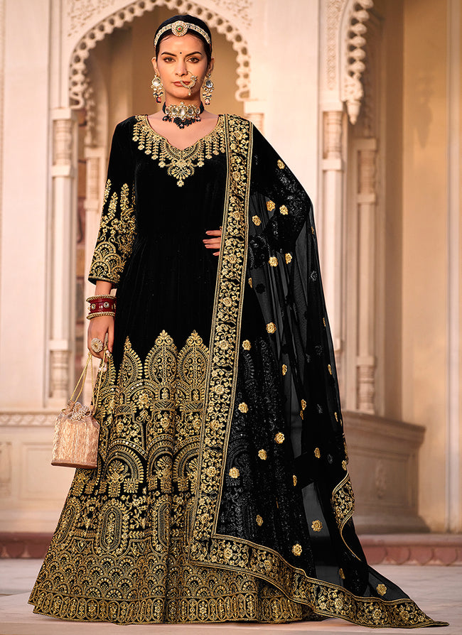 Black & Golden Sequins Embroidered Georgette Saree