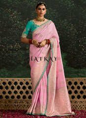 Pink And Teal Multi Embroidery Silk Saree
