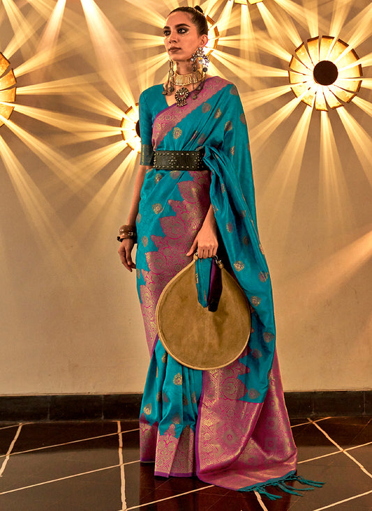 Blue Weaved Handloom Poly Viscose Silk Saree