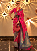 Hot Pink Weaved Handloom Poly Viscose Silk Saree