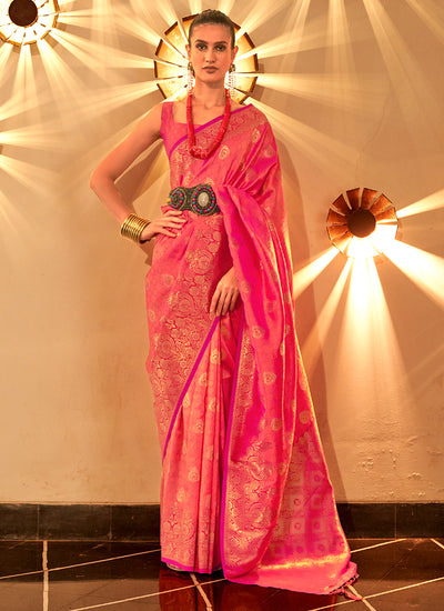 Fluorescent Pink Weaved Handloom Poly Viscose Silk Saree