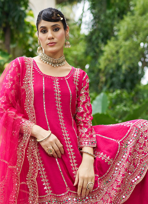 Magenta Pink Zari Embroidered Anarkali Sharara Suit