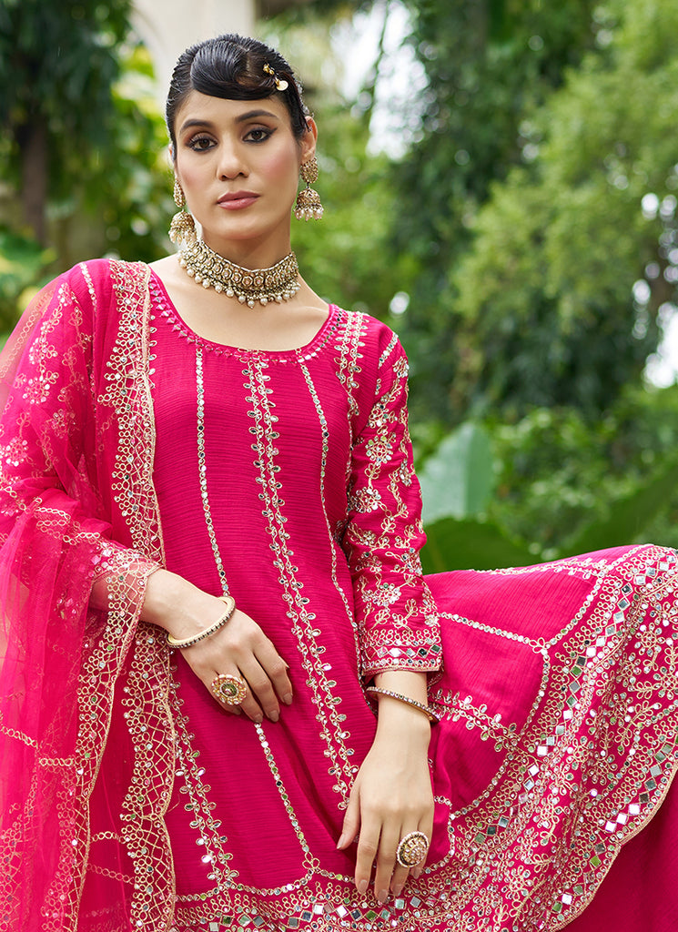 Magenta Pink Zari Embroidered Anarkali Sharara Suit