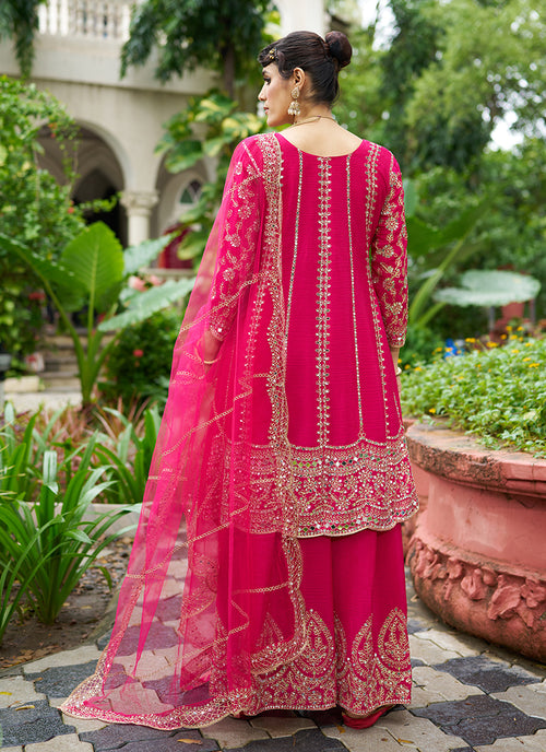 Magenta Pink Zari Embroidered Anarkali Sharara Suit