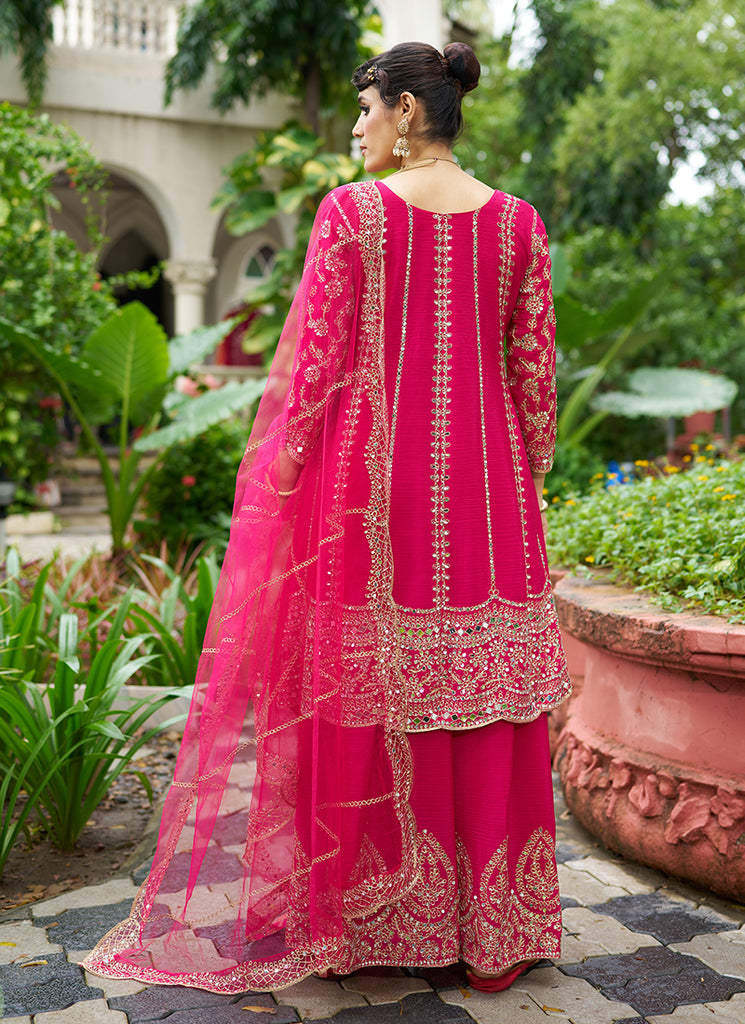 Magenta Pink Zari Embroidered Anarkali Sharara Suit
