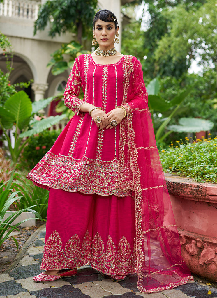 Magenta Pink Zari Embroidered Anarkali Sharara Suit