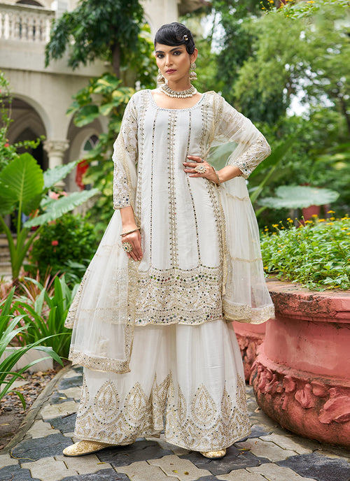 Off White Zari Embroidered Anarkali Sharara Suit
