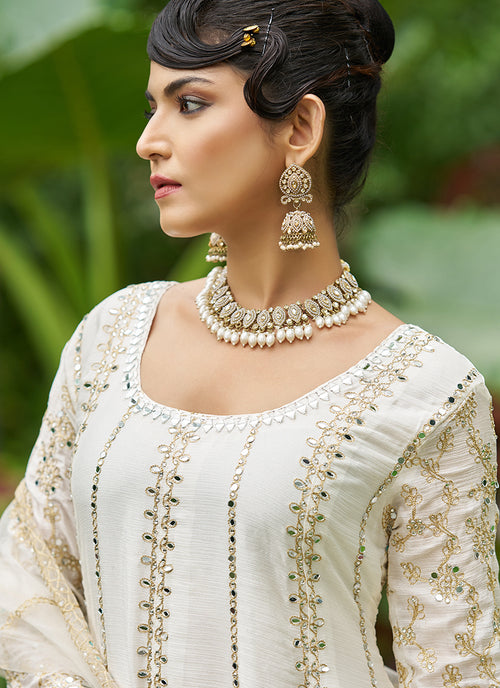 Off White Zari Embroidered Anarkali Sharara Suit