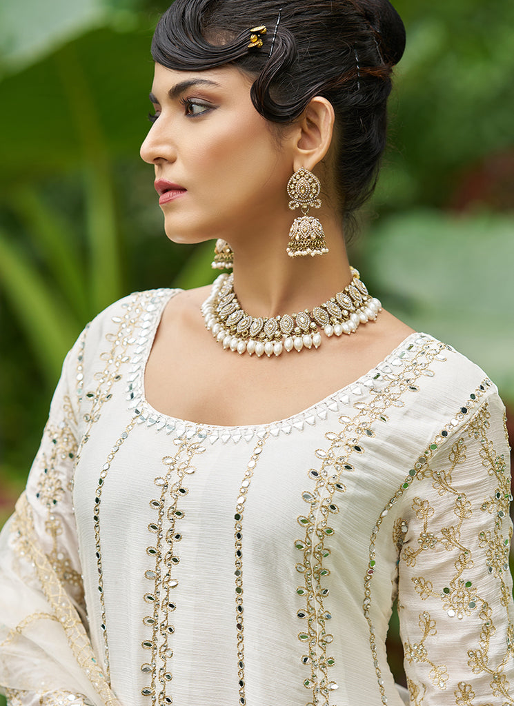Off White Zari Embroidered Anarkali Sharara Suit
