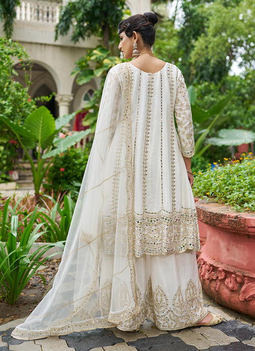 Off White Zari Embroidered Anarkali Sharara Suit