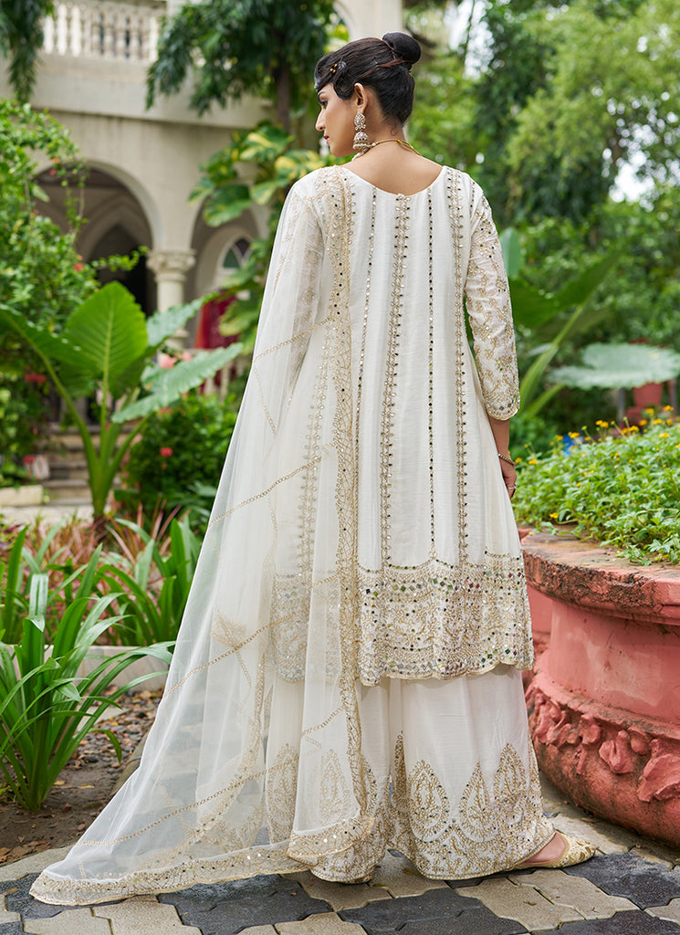 Off White Zari Embroidered Anarkali Sharara Suit